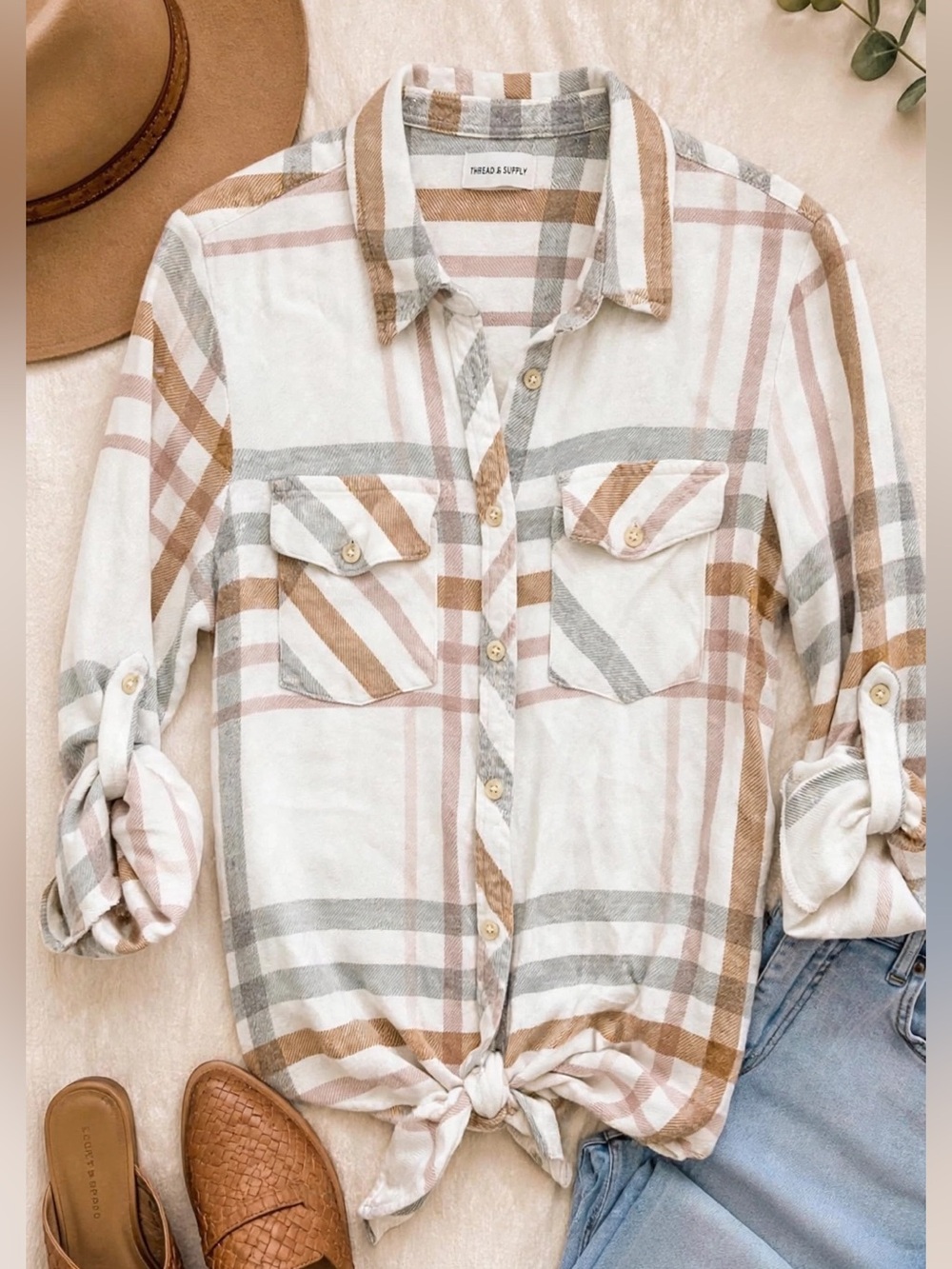 Thread & Supply Plaid Button-Front Shirt in White, Tan & Gray